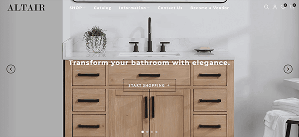 A modern bathroom vanity with a light wood finish, black hardware, a white countertop, and a black faucet, featured with the text "Transform your bathroom with elegance" and a "Start Shopping" button.