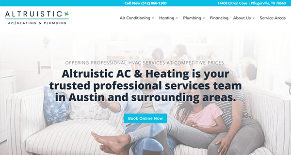 Screenshot of Altruistic AC & Heating website showing contact information, service overview, and a booking button. The header image includes a family sitting on a couch.