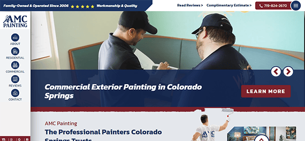 Two painters in dark uniforms working together inside a room, with a banner reading "Commercial Exterior Painting in Colorado Springs" and "Learn More" on the screen. Several navigation buttons are visible on the left.
