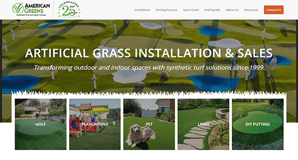 Screenshot of American Greens website featuring artificial grass installation and sales. The website highlights services for golf, playground, pet, lawn, and DIY putting areas with relevant images below.