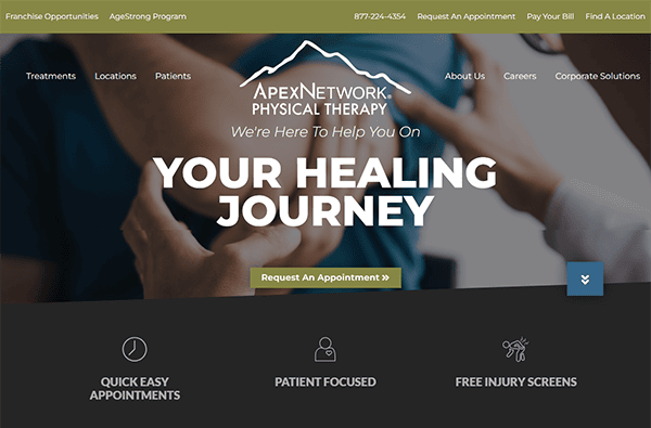 Screenshot of ApexNetwork Physical Therapy homepage featuring a hand holding another hand with text: "We're here to help you on your healing journey." Options to request an appointment and learn more are shown.