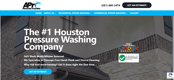 Screenshot of a website for APR Pressure Washing, advertising its services in Houston. It highlights their specialization in soft wash mold/mildew removal, damage-free hard plank, and stucco cleaning.