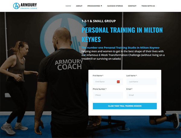 A screenshot of the Armoury Coaching Studio website, advertising personal training services in Milton Keynes. A contact form is visible, and a trainer supervises a client in the background.