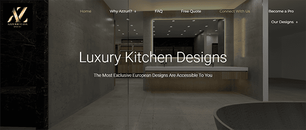 Website homepage for Azurun showcasing luxury kitchen designs, featuring an elegant, modern kitchen interior with a minimalist aesthetic. The site menu includes sections like FAQ, Free Quote, and Design Options.