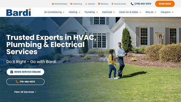 A Bardi technician and a homeowner talk outside a white house. The text promotes HVAC, plumbing, and electrical services, with contact details and a "Book Service Online" button.