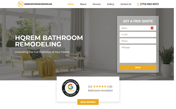 Screenshot of HQREM Bathroom Remodeling website. The homepage features a contact form, a customer review highlighting a 5-star rating, and a modern living room image with large windows and a sofa.