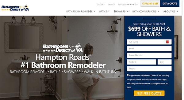 Homepage of Bathrooms Direct of VA featuring a bathroom remodel promotion, a contact form, and a sale ad for $699 off baths and showers, ending January 1, 2024.