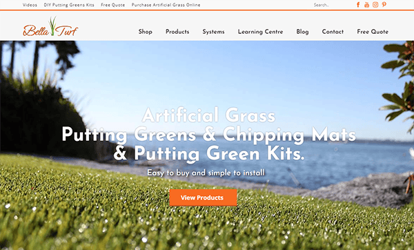 Website homepage showcasing artificial grass and putting greens with text offering products and installation. Buttons include "View Products" and other navigation options.