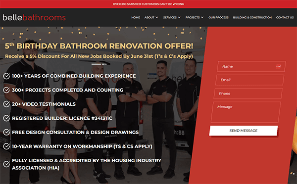 Screenshot of Belle Bathrooms' website showcasing a bathroom renovation offer, listing multiple services and guarantees, with a contact form on the right side for name, email, and phone number.