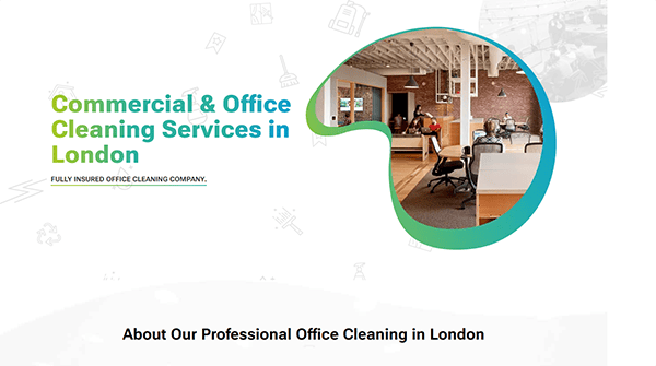 Advertisement for "Commercial & Office Cleaning Services in London," showing an office interior with people working. Text below reads: "About Our Professional Office Cleaning in London.