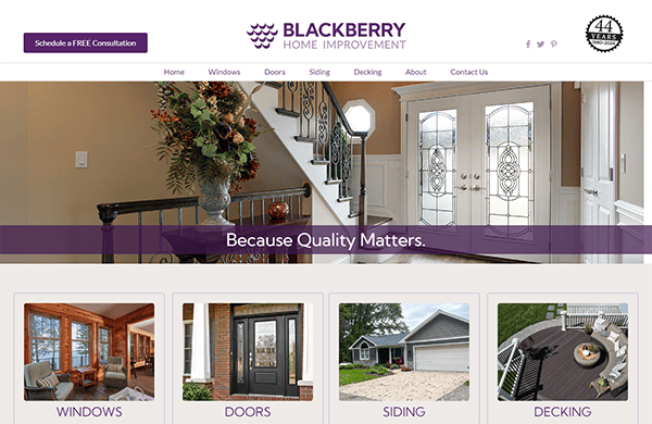 Screenshot of a home improvement company's website with the name Blackberry Home Improvement. It features navigation options and images of various services: windows, doors, siding, and decking.