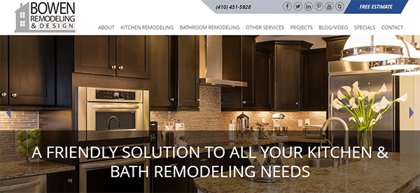 Image of a kitchen and bath remodeling website header. It features a modern kitchen with dark cabinets, stainless steel appliances, and stone backsplashes. Text reads, "A Friendly Solution to All Your Kitchen & Bath Remodeling Needs.