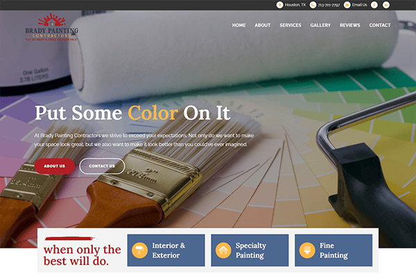 A painting contractor website showing two paintbrushes, a paint roller, and a paint can with a multi-colored paint sample in the background. The slogan reads "Put Some Color On It.