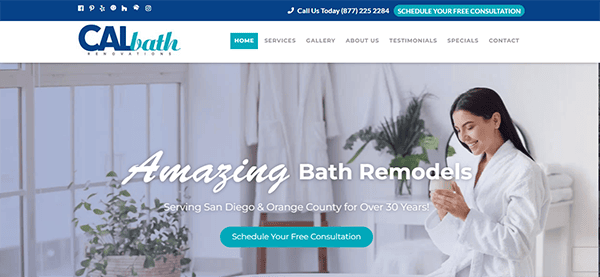 Website homepage of CA Bath, featuring a woman in a white robe holding a cup, with text highlighting bath remodel services in San Diego and Orange County, and buttons to schedule a consultation.