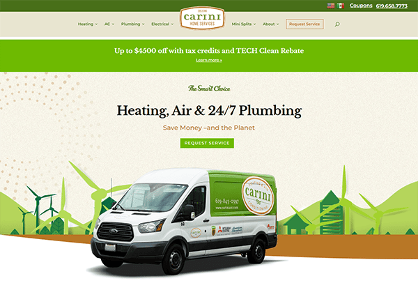 Screenshot of Carini Home Services website, highlighting heating, air, and 24/7 plumbing services. Promotional text mentions up to $4500 off with tax credits and rebates. A branded service van is pictured.