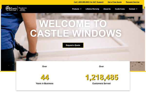 Screenshot of Castle Windows website homepage with "Welcome to Castle Windows" message, a request a quote button, and statistics stating over 44 years in business and over 1,218,485 customers served.