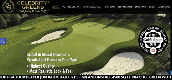 Advertisement for artificial grass by Celebrity Greens. The image shows a pristine golf green with text highlighting its high quality, realistic look and feel, and an award for best golf greens by Golf Digest.