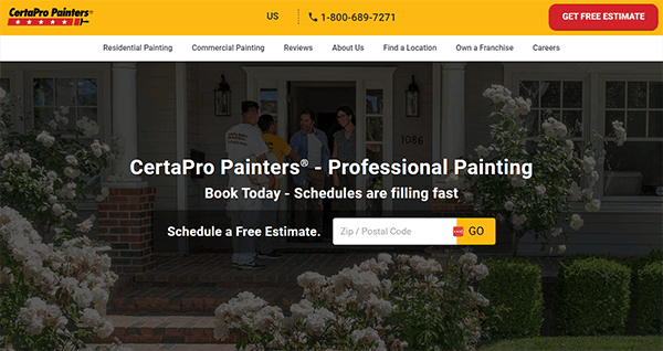 CertaPro Painters website homepage featuring contact information, a 'Get Free Estimate' button, and a form to schedule a free estimate by entering a ZIP/Postal Code.