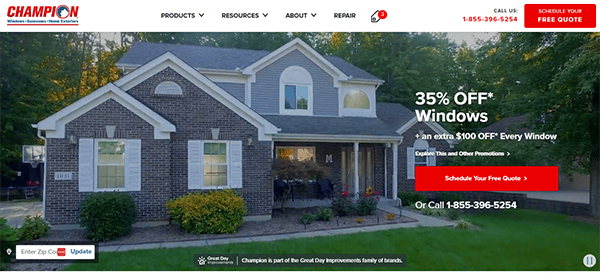 A suburban house with a brick facade and plants in the front yard. Text on the image advertises "35% Off Windows" with additional details and contact information prominently displayed.