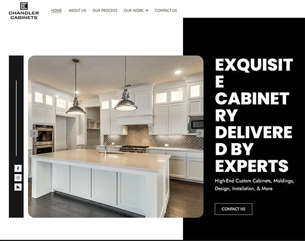 Image of a modern kitchen with white cabinets, a large island, and pendant lighting. The text reads "Chandler Cabinets - Exquisite Cabinetry Delivered by Experts." Includes navigation links and contact info.