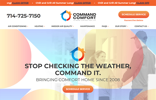 Screenshot of Command Comfort's homepage, featuring a phone number, services offered, the company logo, and a large call-to-action button urging visitors to schedule service.