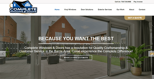 Website homepage of Complete Windows & Doors showcasing modern windows and doors with a background image of a patio and houses. Text highlights the company's commitment to quality craftsmanship and customer service.