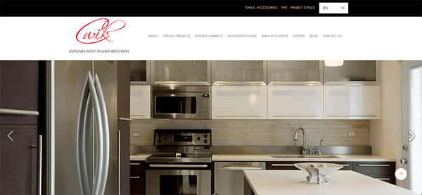 Modern kitchen with stainless steel appliances, light wood and white cabinetry, and a kitchen island with a sink. The website navigation and branding for Cuisines West Island Kitchens are visible at the top.