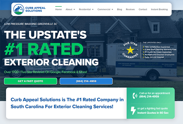 Website homepage for Curb Appeal Solutions promoting their exterior cleaning services, highlighting "The Upstate's #1 Rated Exterior Cleaning," a five-star guarantee, and contact information.