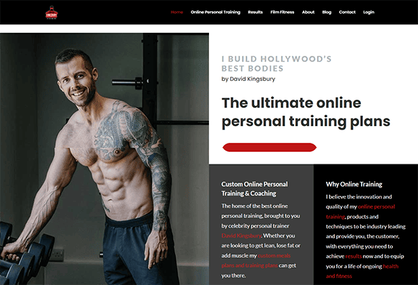 A muscular man with tattoos and a beard smiles while holding a dumbbell in a gym. The text on the image advertises online personal training plans by David Kingsbury, highlighting customization and convenience.