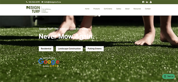 Website homepage of Design Turf, showcasing artificial grass. Slogan "Never Mow Again." appears on artificial turf with two pairs of feet. Navigation bar includes Home, Products, GET A QUOTE, Gallery, and more.