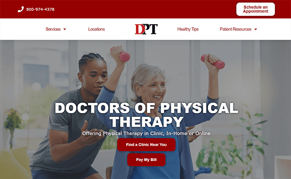 A physical therapist assists an elderly woman as she uses pink dumbbells. The banner at the top includes contact information and a "Schedule an Appointment" button. The logo says "DPT: Doctors of Physical Therapy.