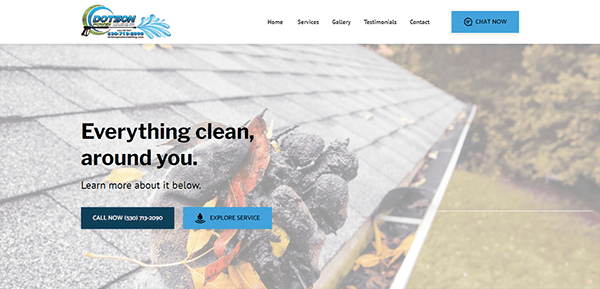 Website of a cleaning service company featuring a rooftop gutter filled with leaves on the right, menu options at the top, and a promotional message with buttons to call or explore services in the center.