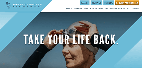 An older individual adjusts their swim goggles. Large text over the image reads, "TAKE YOUR LIFE BACK." The website header shows links to various pages and options to contact or schedule an appointment.