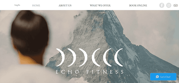 A woman looks at a mountain with the Echo Fitness website logo and navigation menu at the top. Navigation options include Home, About Us, What We Offer, and Book Online. A chat button is in the bottom right.