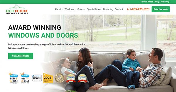 Family sitting on a couch in front of a window, with a banner reading "Award Winning Windows and Doors" and multiple award badges displayed at the bottom. Eco Choice logo and contact information are also visible.