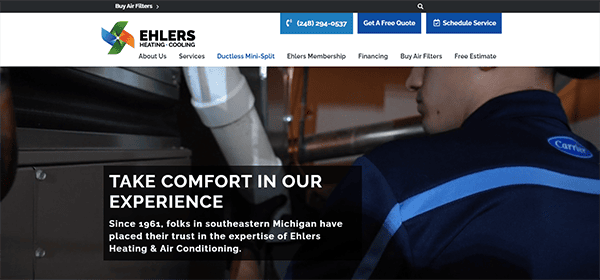Technician inspecting HVAC system with text overlay: "Take comfort in our experience. Since 1961, folks in southeastern Michigan have placed their trust in the expertise of Ehlers Heating & Air Conditioning.