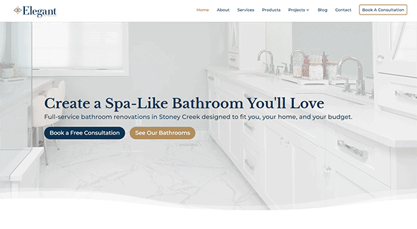 Website homepage displays an advertisement for a bathroom renovation service by Elegant. The page features a picture of a modern bathroom with white cabinets and marble flooring.