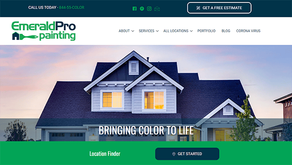 Screenshot of the EmeraldPro Painting website homepage, featuring a house with the text "Bringing Color to Life." Navigation menu options include About, Services, All Locations, Portfolio, Blog, and Coronavirus.