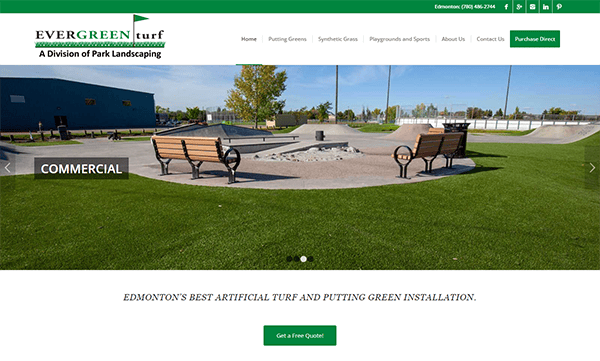 A commercial artificial turf area with benches and a paved section under a clear sky. Text reads: "Edmonton's Best Artificial Turf and Putting Green Installation.