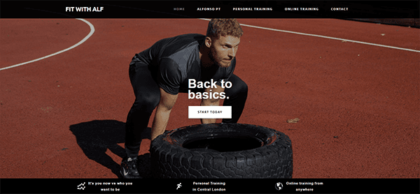 A man lifting a large tire on a red track. Text on the image reads "FIT WITH ALF," "Back to basics," and options for personal and online training.
