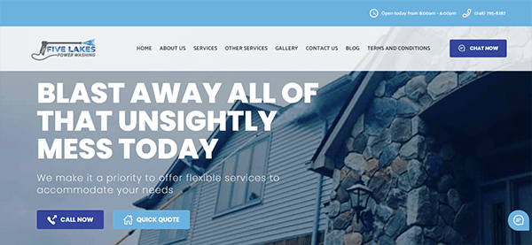 Screenshot of the Five Lakes Power Washing homepage. The banner reads, "Blast away all of that unsightly mess today," promoting cleaning services with call-to-action buttons for calling and getting a quick quote.
