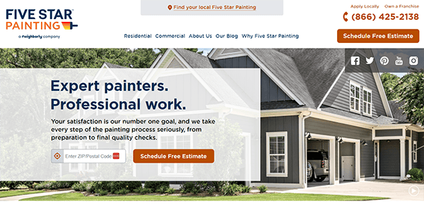 Screenshot of the Five Star Painting website homepage. The page features a house being painted and offers services such as free estimates, with contact information and navigation links to various sections.