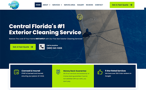 A website homepage for an exterior cleaning service in Central Florida. It highlights services, offers a contact number, and promotes their licensed and insured status, money-back guarantee, and high ratings.