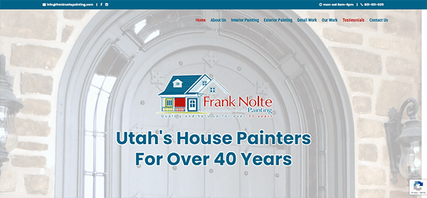 A webpage of Frank Nolte Painting featuring company information, services offered, "Utah's House Painters for Over 40 Years" slogan, and contact details.