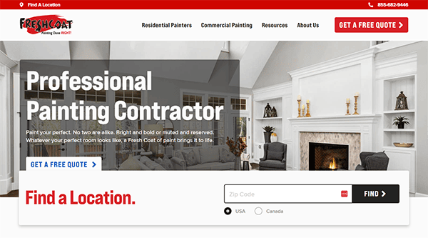 Website screenshot showing Fresh Coat Painters. The page offers a free quote and highlights services including residential and commercial painting. It features a Find a Location tool for USA and Canada.