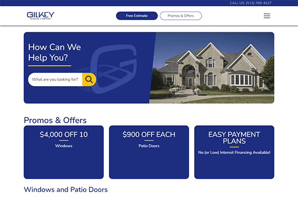 A webpage from Gilkey Window Company displays a search bar and tabs for free estimates and promos & offers. Promotions listed include $4,000 off 10 windows, $900 off each patio door, and easy payment plans.