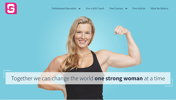 A woman in a black tank top flexing her bicep and smiling against a blue background. Text overlay reads, "Together we can change the world one strong woman at a time.