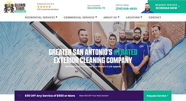 A webpage for an exterior cleaning company in San Antonio, TX, highlighting customer reviews, services, discounts, and a photo of employees in branded attire.