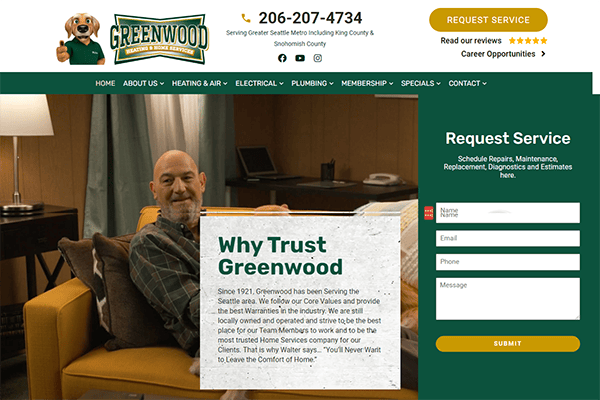 A man sitting on a couch next to a sign that says "Why Trust Greenwood." The webpage includes contact information, a navigation menu, and a form for requesting service.
