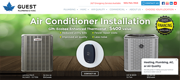 Advertisement for Guest Plumbing & HVAC promoting their air conditioner installation service, featuring an Ecobee Enhanced Thermostat gift. The ad highlights features such as reduced utility bills, fewer repair costs, and easy financing options.